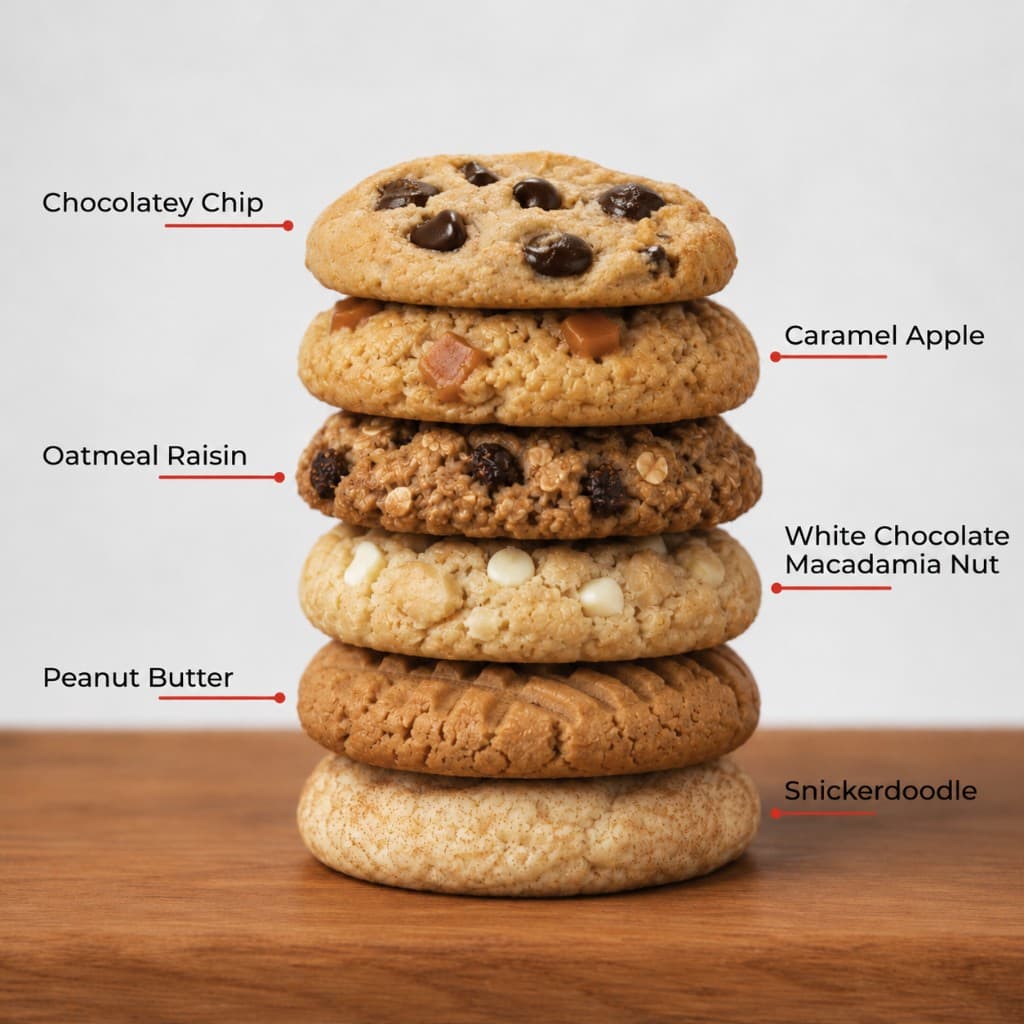 A stack of six David's Cookies flavors: Chocolatey Chip, Caramel Apple, Oatmeal Raisin, White Chocolate Macadamia Nut, Peanut Butter, and Snickerdoodle.